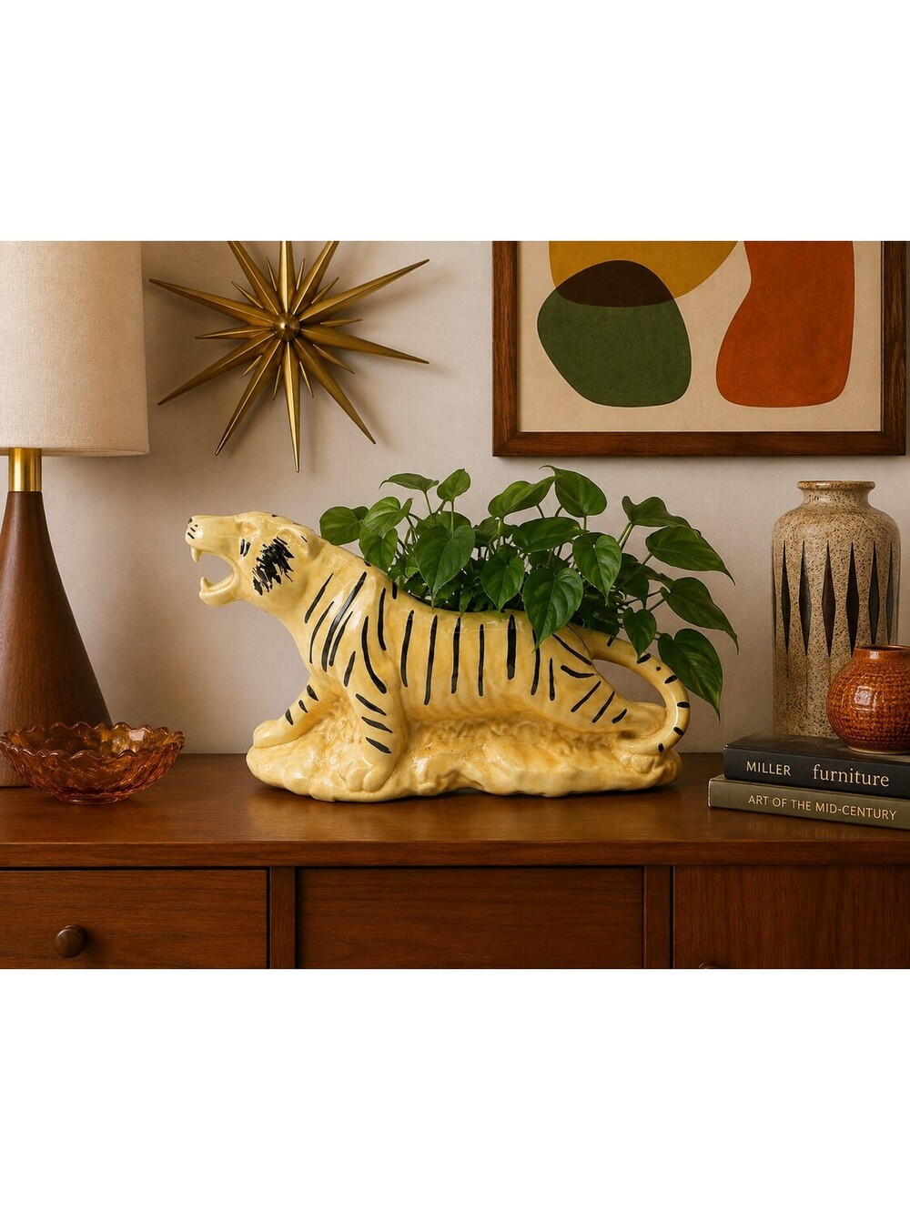 Vintage MCM Ceramic Tiger TV Planter Yellow Prowling Cat 1950s 1960s